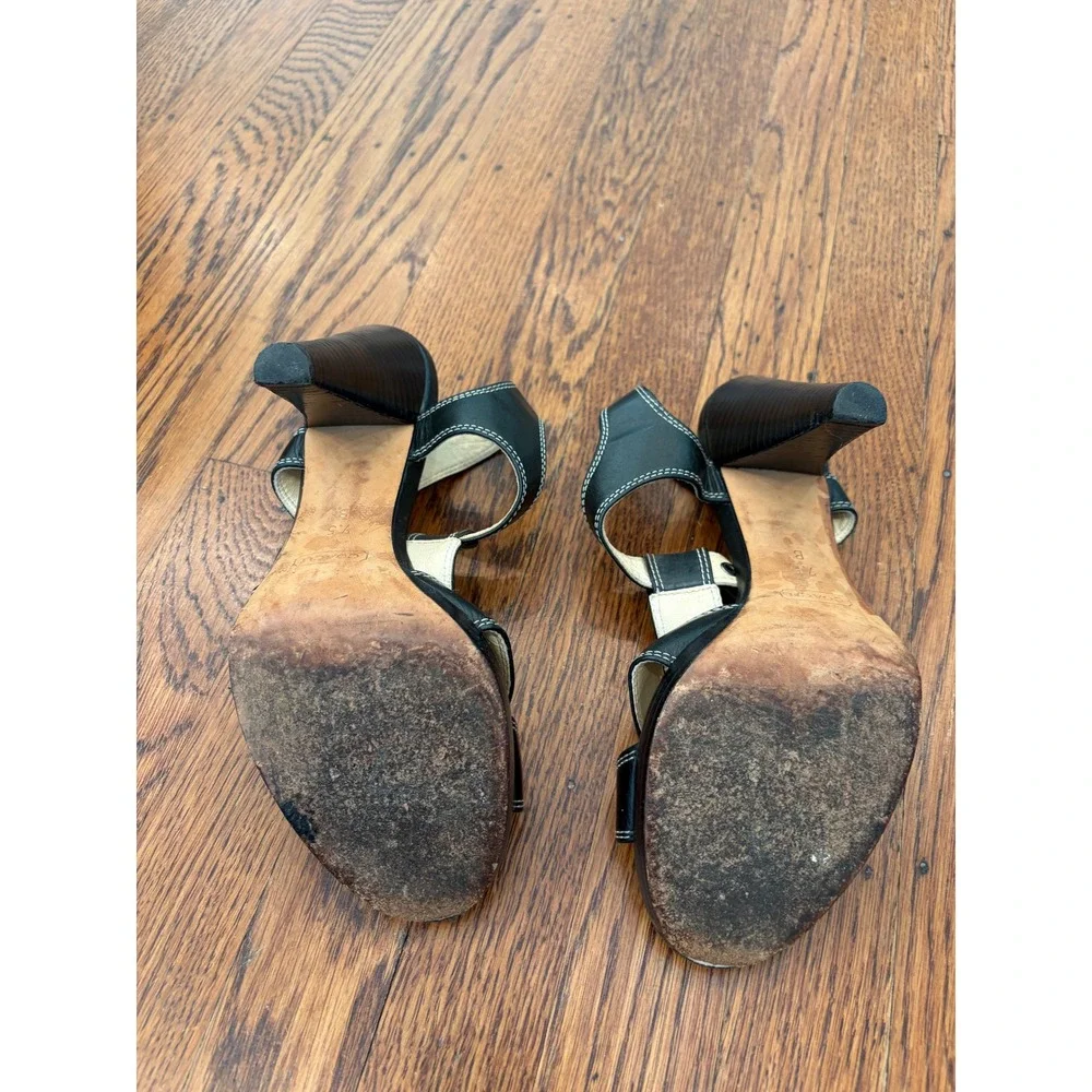 Coach Womens Black Leather T-Strap Platform Sandals Contrast Stitch Heels 7.5 B